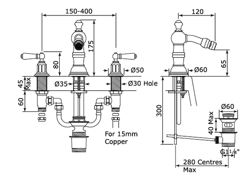 Måttskiss bidéblandare 3685